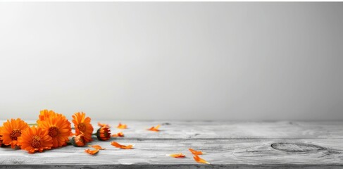 Orange Flowers on Wooden Table with Dark Background. Generative ai