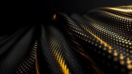 Abstract 3D rendering of a flowing golden dotted surface with a dark background