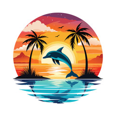 watercolor Sunset with dolphin clipart vector, flat color, 2d style, white background