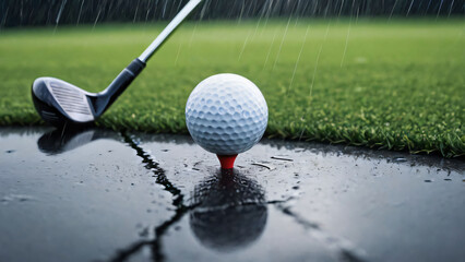 white golf ball on a tee with a club, golf course during rain, symbolizing persistence and determination