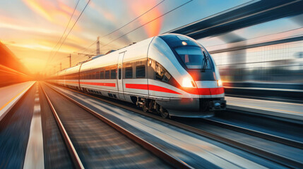 Fototapeta premium Modern high-speed train speeding through a station at sunset.