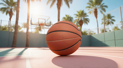 Basketball ball on an outdoor basketball court in he city with palm trees. Sports activity outdoors. Basketball game