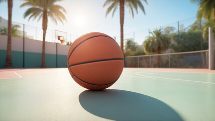 Basketball ball on an outdoor basketball court in he city with palm trees. Sports activity outdoors. Basketball game