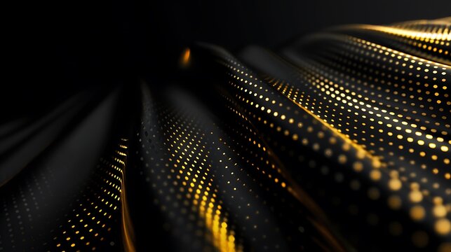 Abstract 3D rendering of a flowing golden dotted surface with a dark background
