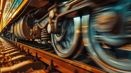 Fototapeta premium Close-up of train wheels in motion, blurred for speed effect.