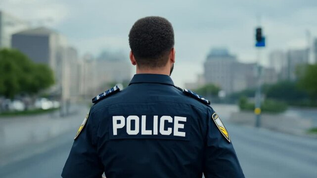 African American man cops stands in city look at camera enforcement happy officer police uniform safety security communication control policeman portrait close up slow motion police 4k video