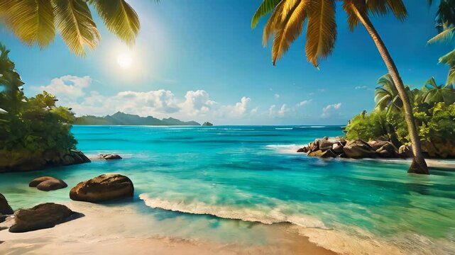 Tropical paradise beach with turquoise waters and palm trees, ideal for slow motion scene and relaxation settings