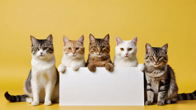 Five adorable cats sitting in a row, holding a blank white sign or poster, yellow background, copy space for text