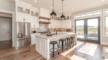 Modern white kitchen with island, stainless appliances, pendant lights, and large windows. Features wood floors, gray countertops, and bar seating.