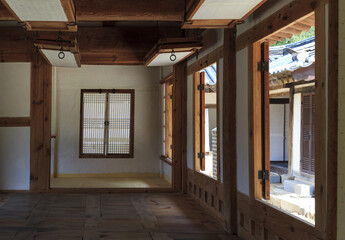 Jinjeop-eup, Namyangju-si, Gyeonggi-do, South Korea - June 25, 2023: Interior of wood floor and window door a room at Tomb Keeper's House of Gwangneung Royal Tombs
