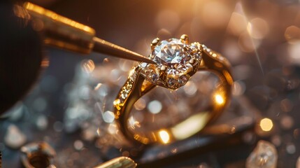 Close-up shot of jeweler setting diamonds into gold ring, vibrant colors, mouth-watering, real image of diamond ring creation.