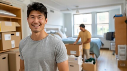 An Asian man is smiling in front of a room full of boxes
