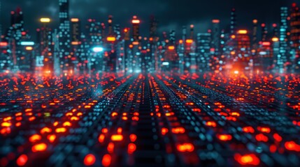 Fototapeta premium Cyberpunk Cityscape: A futuristic urban landscape with glowing lights