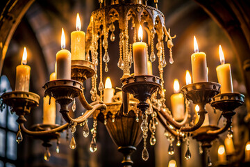 A chandelier with many candles lit up. The candles are lit in a way that they are all lit up, but not all of them are lit up at the same time. Scene is warm and inviting