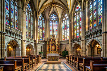 Fototapeta premium A large church with stained glass windows and a long aisle of pews. The church appears to be a place of worship and reflection
