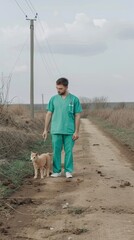 A veterinarian wearing scrubs and gloves injects a small, light brown dog with a syringe