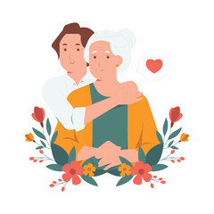 Happy Mother's Day smiling grey haired senior old mother with loving adult daughter embrace holding hand and hugging with love concept illustration