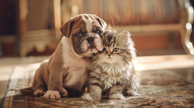 Chubby bulldog puppy and fluffy Persian kitten posing as best friends on cozy rug, with warm lighting and sparkling eyes, showcasing playful camaraderie.