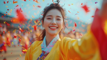 Joyful celebrations: happy people reveling in the festivities of South Korean independence day, with pride and unity, commemorating the nation's history and freedom with enthusiasm and joy