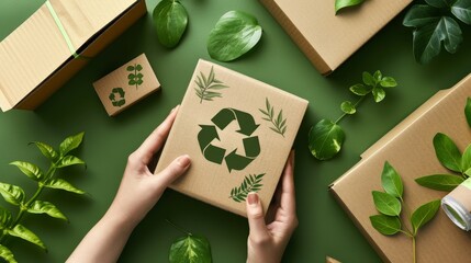 Eco-friendly recyclable box company social media promotion with sustainability message, featuring green leaves, recycling icons, and clear typography.