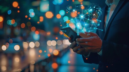 Businessman using smartphone with network connections in urban city at night