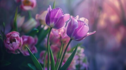 Naklejka premium Purple tulip bouquet on floral backdrop eye level spring flower photography