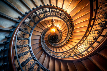 Obraz premium A spiral staircase with a light hanging from the top. The staircase is made of wood and has a spiral design