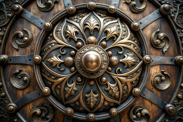 Obraz premium A gold and silver flower design is on a wooden door. The design is intricate and ornate, with many small details that make it look like a work of art