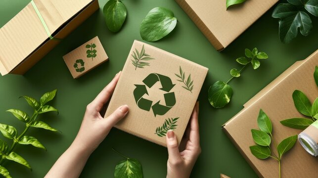 Eco-friendly recyclable box company social media promotion with sustainability message, featuring green leaves, recycling icons, and clear typography.