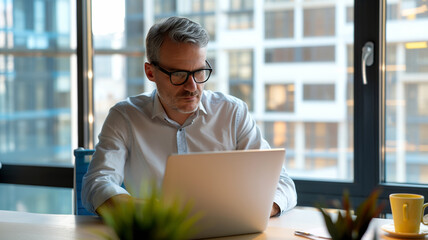 Focused professional analyzing data on a laptop in a modern office.