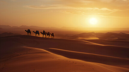 Camel caravan on sand dunes on dessert