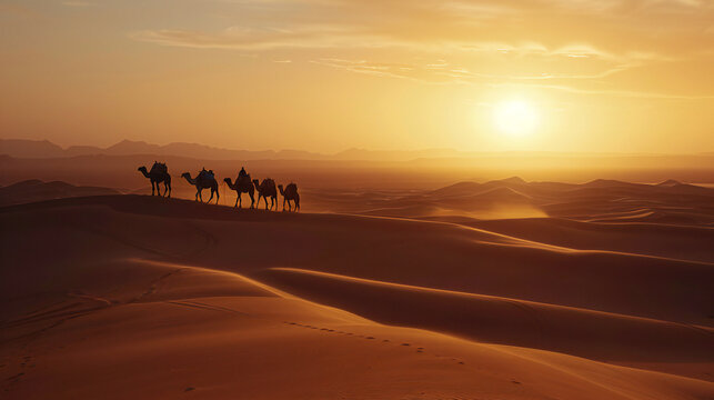 Camel caravan on sand dunes on dessert