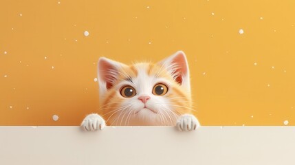 Cute orange and white kitten peeking over a white surface against a yellow background.