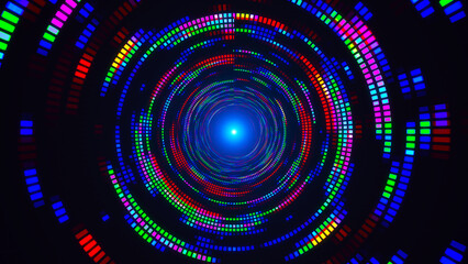 Bright colorful spiral. Colorful dotted spiral swirl circles. Green, yellow, blue, light blue and pink swirl pattern of round shaped dots. Glowing tunnel background, space landscape. Mosaic grunge 