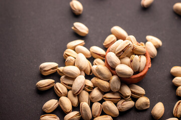 Pistachio nuts scattered around a clay pot on a dark grey background