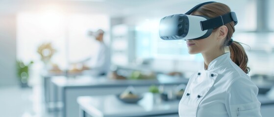 A chef wearing a VR headset in a modern kitchen, blending technology and culinary arts for innovative cooking techniques.