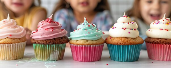 Playful children decorating cupcakes, colorful and messy, kids cooking, kitchen fun