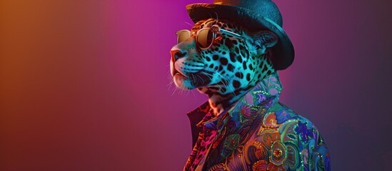 Portrait of a magnificent leopard in a glamorous shirt hat and glasses Close-up of the predator in profile on an empty background 