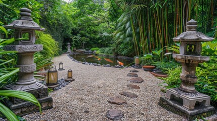 Fototapeta premium A tranquil Zen garden with a gravel pathway