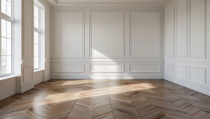 Empty Room with Classic White Walls and Wooden Floor