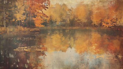 Naklejka premium Fall Pond - Vintage Painting, Rustic Art, Seasonal, Cottage core, Country, Antique