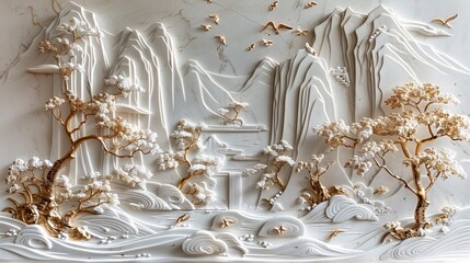 Volumetric stucco molding with Japanese landscape.