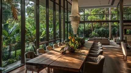 An elegant dining room with a long wooden table