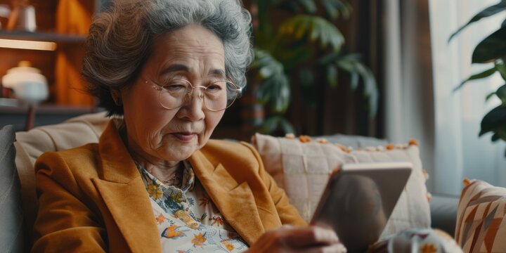 Senior adult using a tablet device, possibly accessing the internet or reading digital content