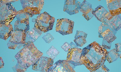 Abstract ice cubes on a light blue background. 3D render.3D background. Abstract background. 3D graphics. 3D background.
