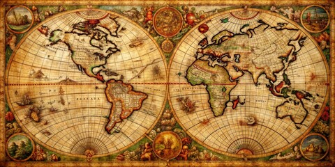 Fototapeta premium Antique, intricate world map depicting historical details