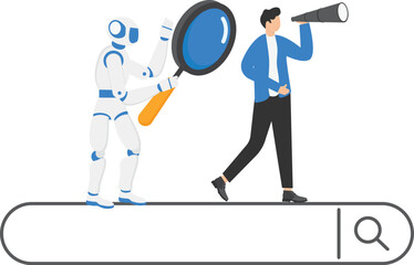 Searching for information online, AI support, Surfing the internet with search engine bar, Search engine optimization, Working with artificial intelligence, Business man with robot using binoculars.

