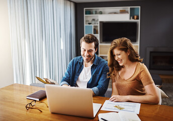Man, woman and smile with laptop in home for investment, document for mortgage or savings. Couple, house and computer with paperwork for property loan with growth, profit or planning for real estate