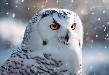 Obraz premium AI generated illustration of a closeup of a snowy owl with bright orange eyes in winter