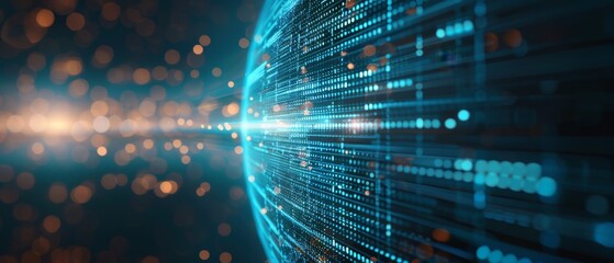 Obraz premium Abstract digital globe with light trails representing data flow and technology on a dark background, ideal for tech and innovation themes.